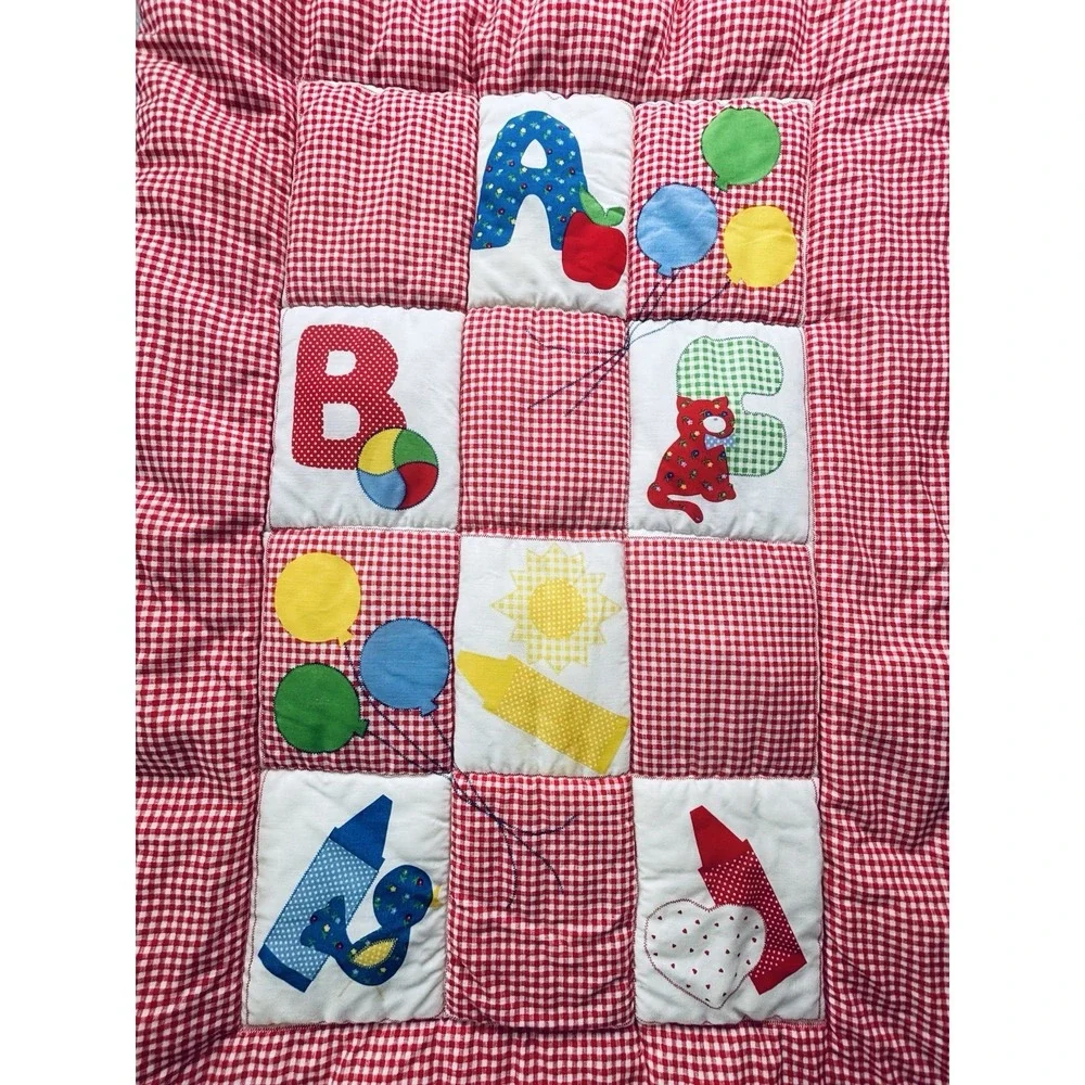 Vtg 1970s Springs Mills Baby Quilt Blanket Gingham Red ABC Crayons Union Tag